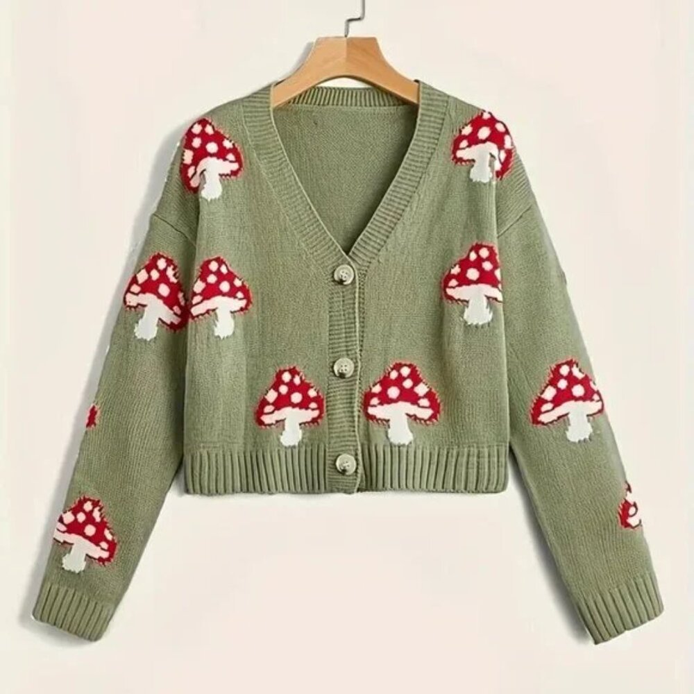 Green Mushroom Cardigan Sweater
